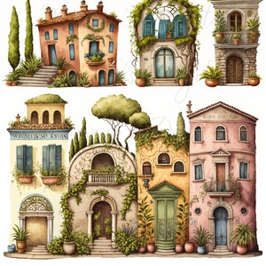 May include: Watercolor illustration of several Italian-style buildings. The buildings feature terracotta roofs, arched doorways, and climbing vines. Some have balconies with potted plants. The color palette includes shades of peach, yellow, and green.
