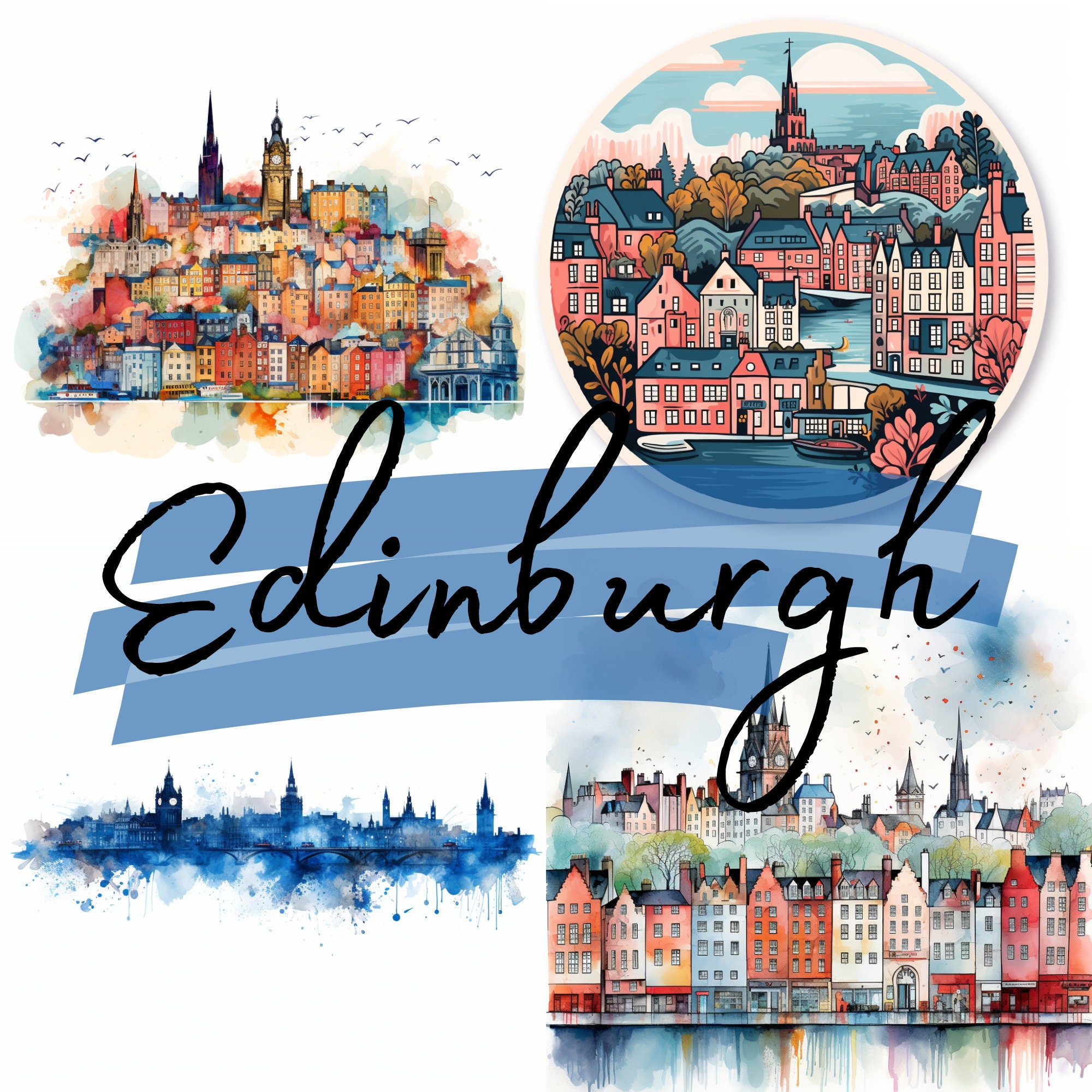 Häuser von Edinburgh, Schottland, Aquarell, Clipart, 23 hochwertige PNG transparente Dateien, Junk Journal, digitaler Download, Scrapbooking
