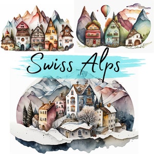Swiss Alps Houses, Switzerland, Watercolor, clipart, 24 High Quality PNG transparent files, printable graphics, digital download, Decoupage
