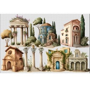 May include: Watercolor illustrations of various architectural structures, including temples, churches, and buildings with columns and arches. The buildings feature a color palette of beige, blue, and green, with detailed architectural elements and surrounding foliage.