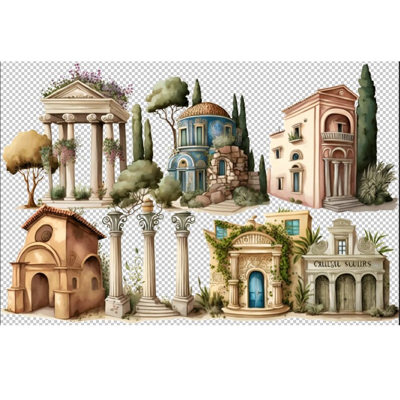 May include: Watercolor illustrations of various architectural structures, including temples, churches, and buildings with columns and arches. The buildings feature a color palette of beige, blue, and green, with detailed architectural elements and surrounding foliage.