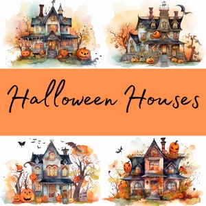 Halloween Houses and Motives, Watercolor clipart, 23 High Quality PNG transparent files, Scrapbooking, Junk Journal, Digital Download