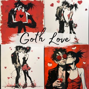 Paquete de imágenes prediseñadas de 21 Goth Love, paquete PNG de San Valentín de parejas góticas, negro y rojo, tarjetas de amor, scrapbooking