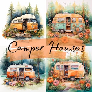 Casas camper, furgonetas camper, imágenes prediseñadas de acuarela, 21 archivos transparentes PNG de alta calidad, gráficos imprimibles, descarga digital, Scrapbooking