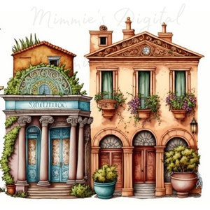 May include: Watercolor illustration of two European-style buildings. The building on the left has columns, a blue door, and the text "S.DILLILLOC". The building on the right has arched doorways, windows with green curtains, and flower boxes. Both buildings are adorned with greenery.