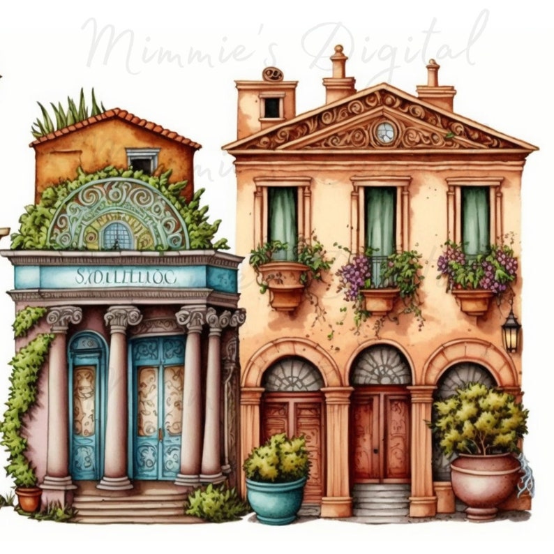 May include: Watercolor illustration of two European-style buildings. The building on the left has columns, a blue door, and the text "S.DILLILLOC". The building on the right has arched doorways, windows with green curtains, and flower boxes. Both buildings are adorned with greenery.