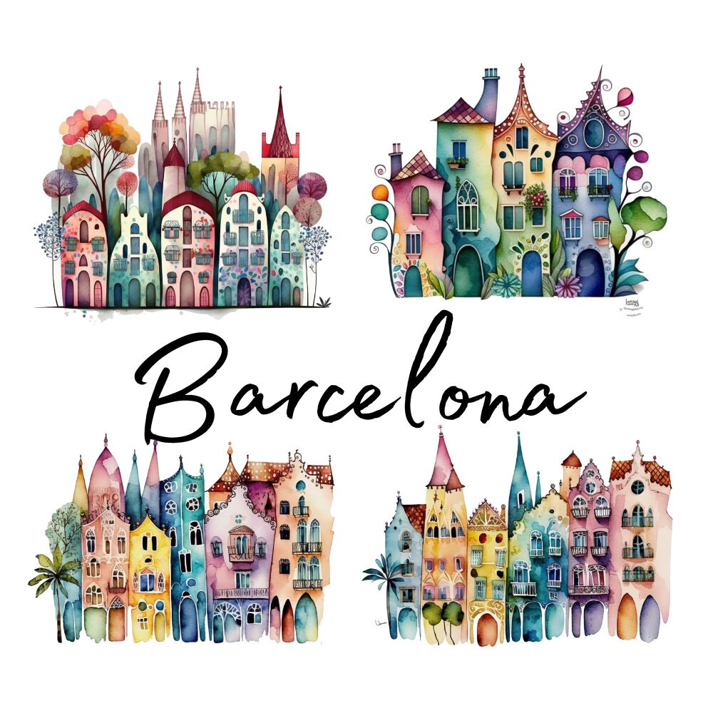 Houses of Barcelona, Spain, Whimsy and Cute, 22 Watercolor clipart, High Quality PNG transparent files, printable graphics, digital download