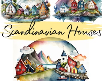 Scandinavian Houses, Clipart, 16 High Quality PNG transparent files, printable graphics, digital download, Scrapbooking, Commercial Use