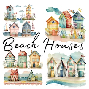 Cozy Beaches, Whimsy and Colorful,Watercolor clipart, 24 High Quality PNG files, printable graphics,digital download, Scrapbooking,Decoupage