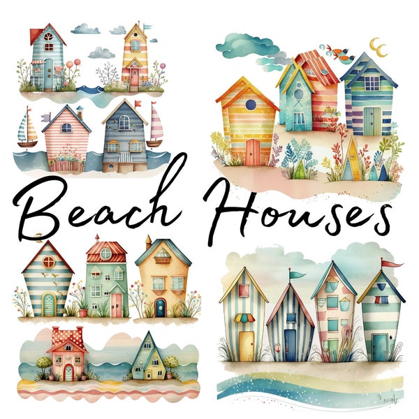 Cozy Beaches, Whimsy and Colorful,Watercolor clipart, 24 High Quality PNG files, printable graphics,digital download, Scrapbooking,Decoupage