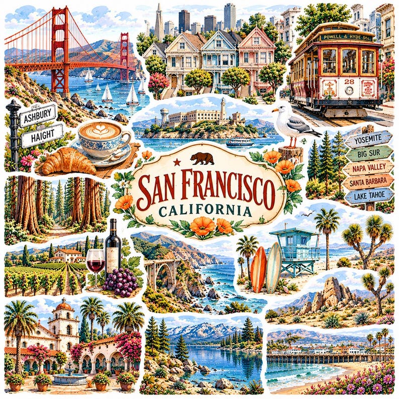 San Francisco & California Digital Stickers | Watercolor PNG Clipart ...