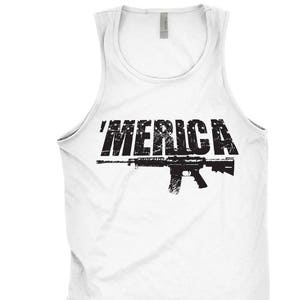 May include: White tank top with a black graphic of a rifle and the word 'MERICA'.