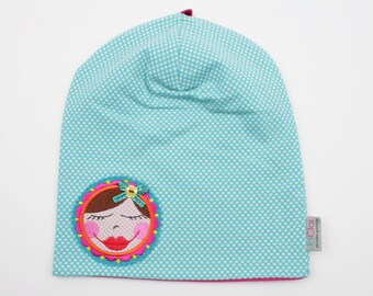 Beanie Gr. 46-49 cm KU Püppchen türkis/pink gefüttert