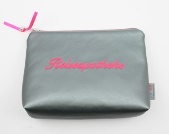 Reiseapotheke/Kulturbeutel Kunstleder "Reiseapotheke" grau/helles neonpink