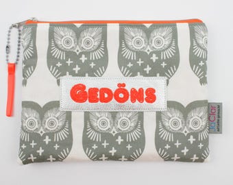 Cosmetic bag "Gedöns" owls grey/neon orange