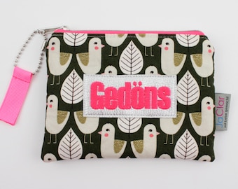 Mini cosmetic bag/wallet bird "Gedöns" dark moss green/neon pink