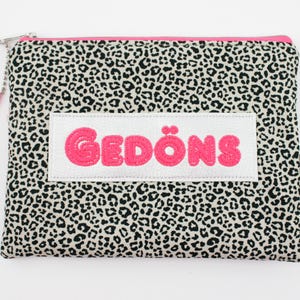 Kosmetiktäschchen "Gedöns" und Leoprint beige/helles neonpink