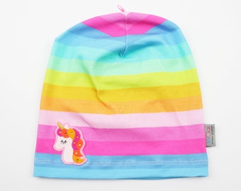 Leichte Beanie Gr. 39 bis 54 cm KU Regenbogen/Einhorn bunt/rosa