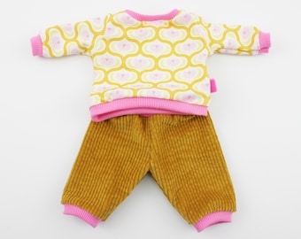 Doll sweater and pants, size 30-33 cm, flowers, yellow/pink