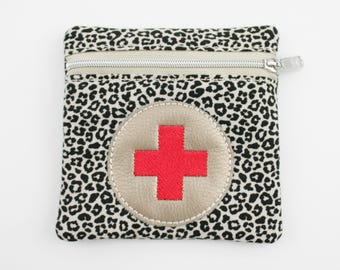 First aid kit, leopard print, black/red, 11 x 11 cm