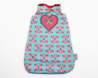 Doll sleeping bag size 38-42 cm heart/bird turquoise/red