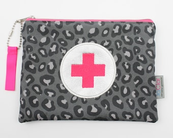 Cosmetic bag/emergency bag cross/leopard print dark grey/light neon pink