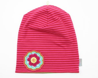 Beanie Gr. 39 bis 54 cm KU Blume pink/rot gefüttert