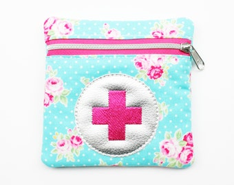 First aid bag flowers turquoise/pink 11 x 11 cm