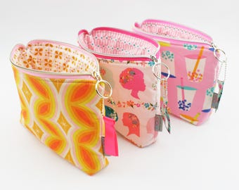 Cosmetic/makeup bag, various patterns, yellow/pink