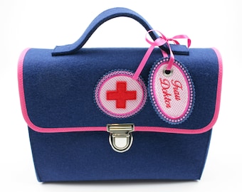 Arztkoffer/Filztasche für Kinder reiner Wollfilz dunkles blau/pink