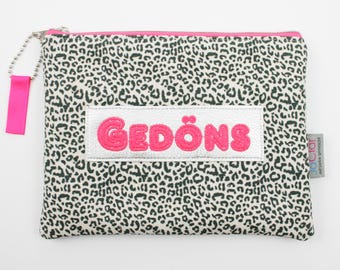 Cosmetic bag canvas "Gedöns" and leopard print dark grey/light neon pink