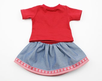 Doll skirt and T-shirt size. 43 cm organic jeans/red