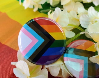 Progress Pride Flag Accessories  1.25 inch - Pins, Magnets, Keychains, Shoe Charm
