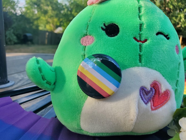 Puede incluir: Un juguete de peluche de cactus verde con un bot&oacute;n negro que muestra una bandera del orgullo multicolor. El cactus tiene un coraz&oacute;n rosa en un lado y un coraz&oacute;n morado en el otro.