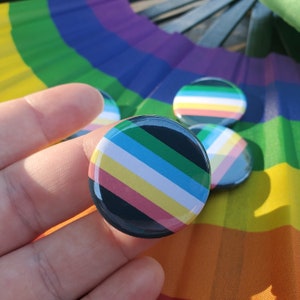 Puede incluir: Un conjunto de cuatro botones redondos con fondo negro y un dise&ntilde;o de rayas multicolores. Las rayas son de color rosa, amarillo, azul claro, verde y blanco. Los botones se muestran sobre un fondo de arco&iacute;ris.