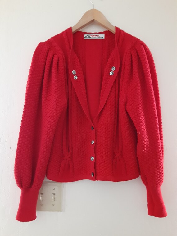 Vintage 1980s Austrian red wool cardigan with puff