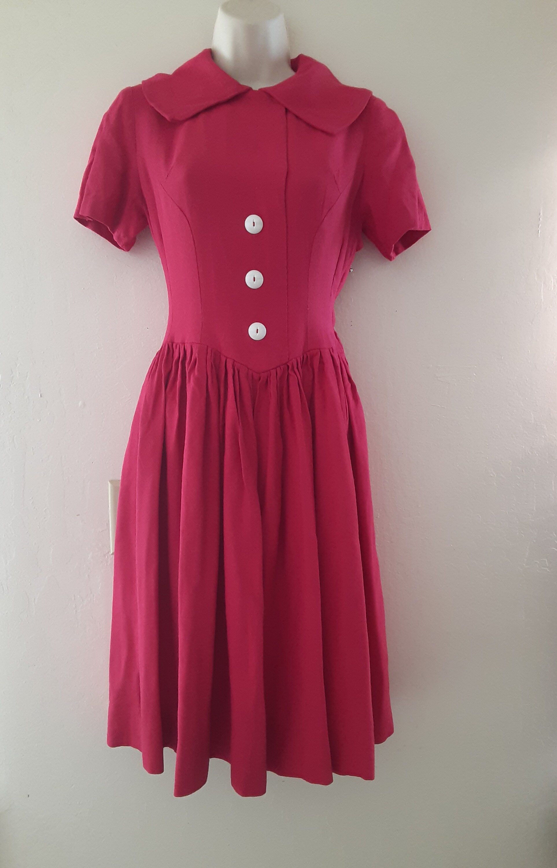 Vintage 80s-does-50s Raspberry Pink Dress With Shawl Collar / Sorbet ...