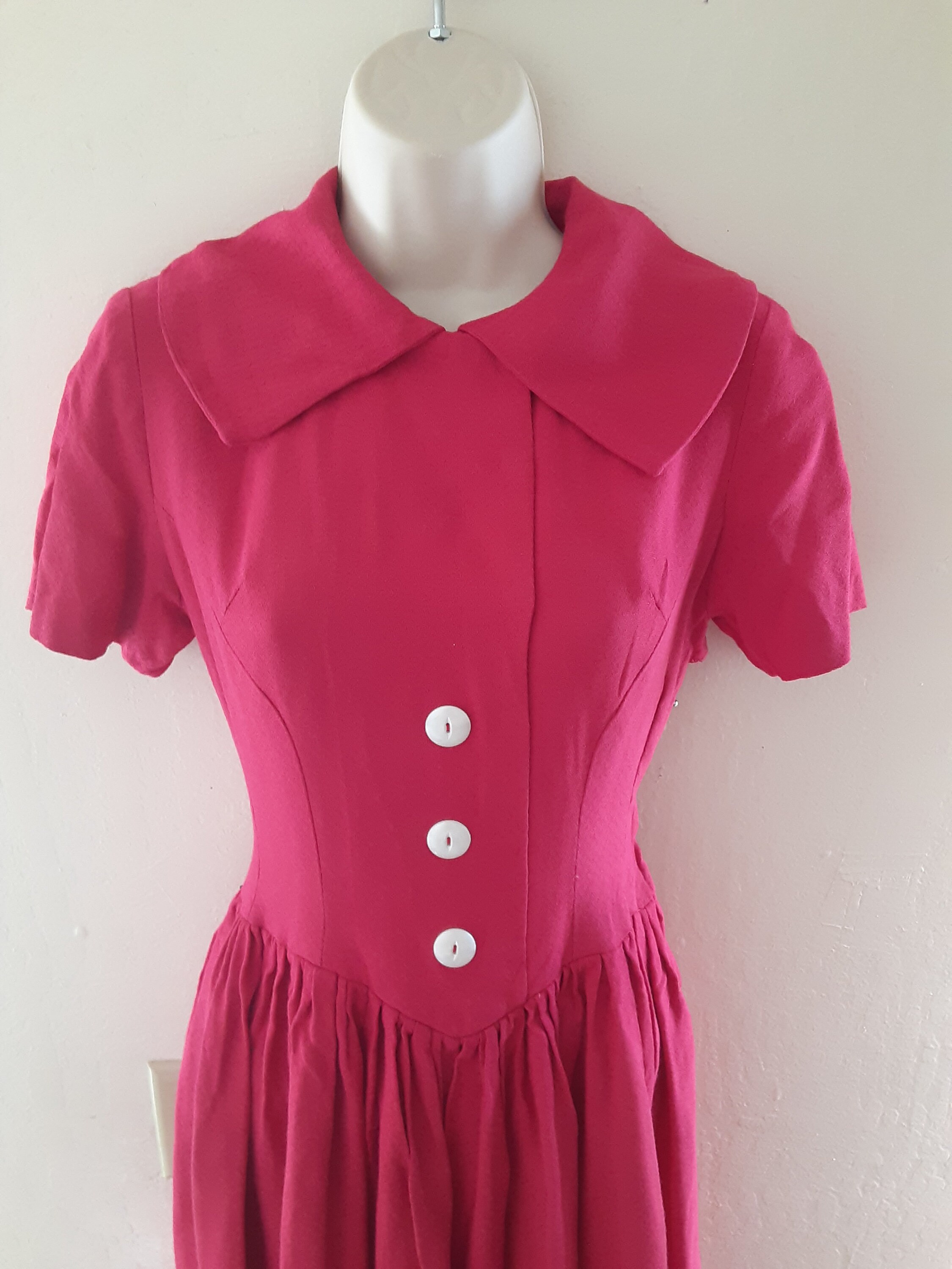 Vintage 80s-does-50s Raspberry Pink Dress With Shawl Collar / Sorbet ...