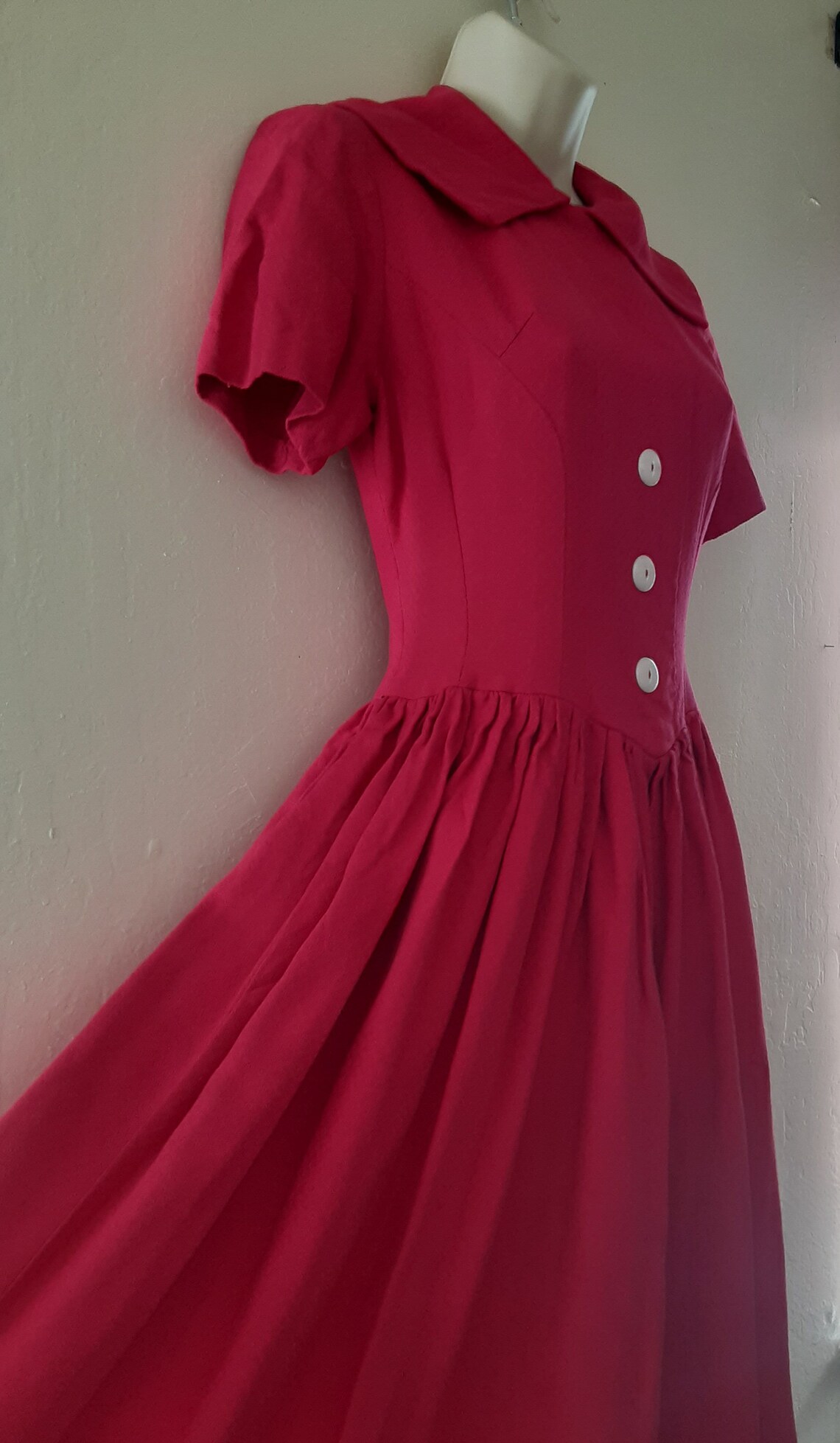 Vintage 80s-does-50s Raspberry Pink Dress With Shawl Collar / Sorbet ...