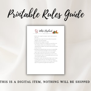 May include: Printable rules guide for a White Elephant gift exchange game. The guide includes instructions for playing the game, such as the number of players, how to choose gifts, and how to steal gifts.