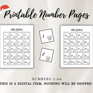 May include: Printable number pages featuring a white elephant design. The pages include numbers 1-60, with each number displayed in a square box with a small elephant illustration. The text "White Elephant Numbers" is at the top of each page.