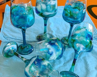 Ocean Theme Wine Glasses | Ocean Decor | Beach Theme Glasses | Coastal Barware | Hand-painted Wine Glasses