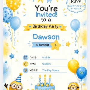 Puede incluir: Una invitación de cumpleaños con globos amarillos y azules, banderines y dos personajes minion amarillos. El texto dice You're Invited to a Birthday Party para Dawson que cumple 3 años, con fecha 15/11/26, hora 12:00pm, lugar The Play Space y RSVP a Sam al 212-3467 antes del 03/11/26.