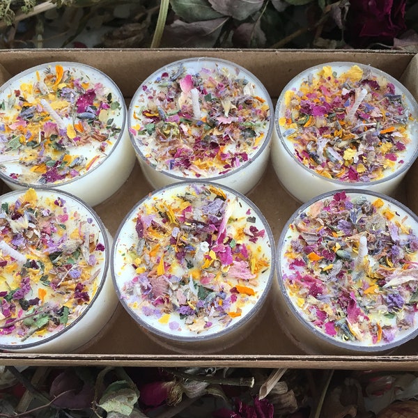 CLEARANCE!   10 DOLLARS - All Natural Aromatherapy Soy Wax Tea Light Candles with Flowers & Organic Herbs