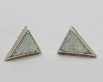 Faux Opal Inlaid Sterling Silver Post Triangular Earrings