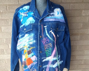 Retro Hand Painted Airplane Sport Deco Jacket New With Tags, Neon Paint, Jean Denim Jacket, Size Large, 80s, 90s, Splatter Rainbow Color