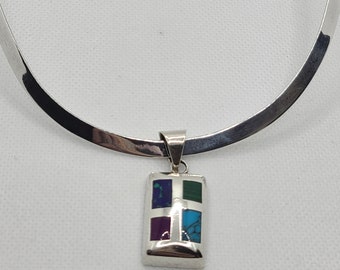 Multi-Stone Inlaid Sterling Silver Rectangular Pendant on a Sterling Silver Collar
