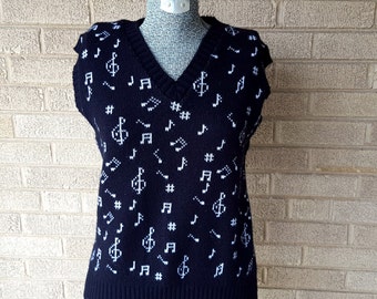 Musical Treasures 1989, Late 80s Vintage Music Note Knit Sweater Vest, Size Small, Made in USA, Black & White, Sleeveless, Music Lover Gift