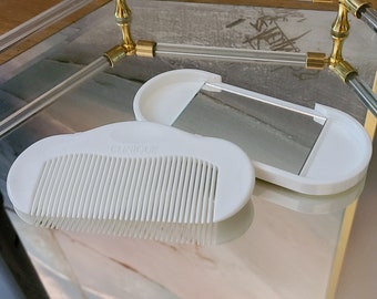 Vintage Clinique Comb and Mirror Travel Set White 5" Tooth Comb Brush 80s / 90s Girls Room Vanity Comb