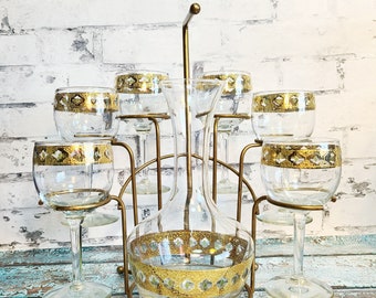 Rare 1960's Mid-Century Modern 22-Karat Gold Moroccan Decanter and Wine Glasses Set